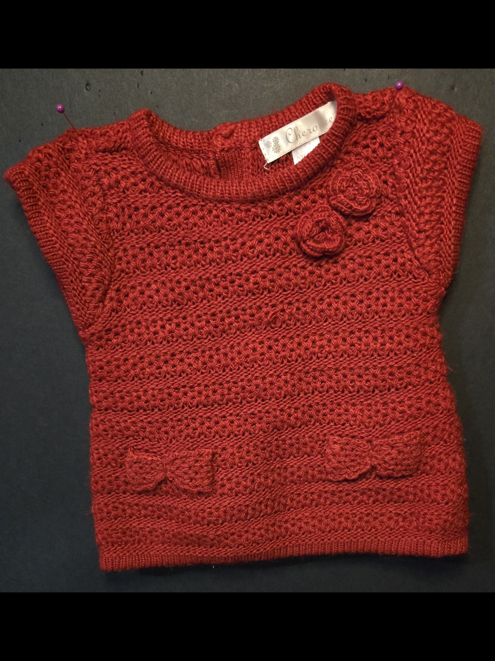 Cherokee Red Crochet Knit Girls Top with Rosette & Bow Details